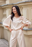 Elegant Satin Blouse with Puffy Sleeves and Floral Detail
