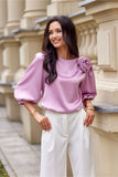 Elegant Satin Blouse with Rose Detail and Puffy Sleeves