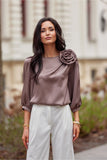 Elegant Satin Blouse with Rose Detail and Puffy Sleeves