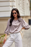 Elegant Satin Blouse with Rose Detail and Puff Sleeves