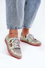 Elegant Natural Leather Women's Loafers with Lacy Design - green / 36