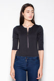 Fitted Bodysuit with 3/4 Sleeves and Decorative Zipper