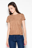 Suede Short-Sleeved Blouse with Gold Zip Detail