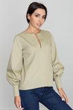 Chic Button-Up Blouse with Puff Sleeves and Pointed Neckline