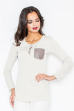 Eco-Leather Contrast Pocket Long Sleeve Blouse