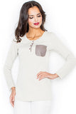 Eco-Leather Contrast Pocket Long Sleeve Blouse