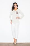 Eco-Leather Contrast Pocket Long Sleeve Blouse