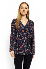 Adjustable Tie Blouse with Envelope Neckline - navy blue / S/M