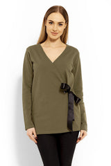 Adjustable Envelope Neckline Cotton Blouse - green / S/M