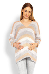 Three-Color Striped Oversized Sweater with V Neckline - orange / one-size-fits-all