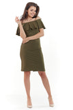 Elegant Fitted Dress with Frill Neckline and Back Slit