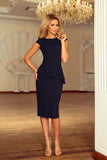 Elegant Navy Blue Midi Dress with Asymmetrical Basque