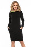 Black Sporty Knit Dress with Hood and Contrast Pockets