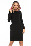 Black Sporty Knit Dress with Hood and Contrast Pockets