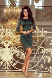 Flared Green Lace Fitted Dress with Trimmed Sleeves