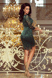 Flared Green Lace Fitted Dress with Trimmed Sleeves