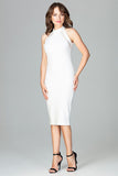 Elegant Fitted Dress with Stand-Up Collar and Sheer Inserts