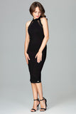 Elegant Fitted Dress with Stand-Up Collar and Sheer Inserts
