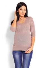 Delicate Weave 3/4 Sleeve Round Neck Sweater - beige / one-size-fits-all