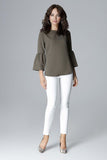 Elegant 3/4 Sleeve Blouse with Frill and Decorative Zipper