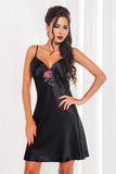 Elegant Black Satin Nightgown with Red Rose Detail