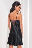 Elegant Black Satin Nightgown with Red Rose Detail