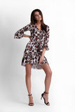 Elegant Asymmetrical Animal Print Dress with Frill Details