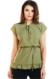 Adjustable Waist Blouse with Short Sleeves and Frills