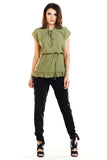Adjustable Waist Blouse with Short Sleeves and Frills
