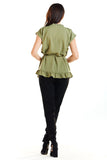 Adjustable Waist Blouse with Short Sleeves and Frills