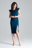 Knee-Length Cocktail Dress with Front Slit and Frills