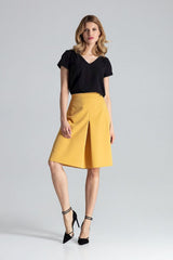 A-Line Midi Skirt with Concealed Zip and Contrast Pleats - yellow / XL