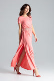 Flowy Short Sleeve Long Dress with Side Slits and Pockets