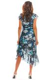 Elegant Asymmetrical Floral Chiffon Dress with Frill