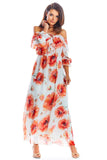Spanish-Style Maxi Dress with Adjustable Frill Neckline