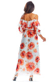 Spanish-Style Maxi Dress with Adjustable Frill Neckline