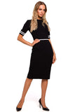 Two-Tone Piped Fitted Dress with Ribbed Sleeves
