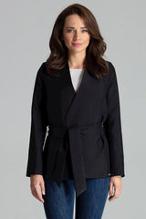 Asymmetrical Black Straight Jacket with Waist Sash - black / S