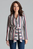 Asymmetrical Striped Jacket with Waist Sash
