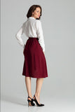 Maroon Pleated Midi Skirt with Gold Buckle Detail