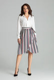 Striped Midi Skirt with Belt and Decorative Buckle