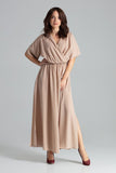 Beige Flared Dress with Kimono Sleeves and Side Slits