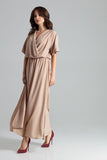 Beige Flared Dress with Kimono Sleeves and Side Slits