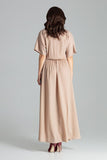 Beige Flared Dress with Kimono Sleeves and Side Slits