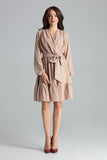 Beige Midi Dress with Ruffled Skirt and Long Sleeves