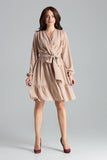 Beige Midi Dress with Ruffled Skirt and Long Sleeves