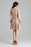 Beige Midi Dress with Ruffled Skirt and Long Sleeves