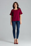 Elegant Burgundy Blouse with Ruffled Sleeves and Emblem