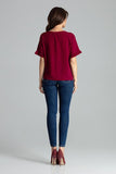Elegant Burgundy Blouse with Ruffled Sleeves and Emblem
