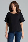 Elegant Black Blouse with Frill and Half-Round Neckline